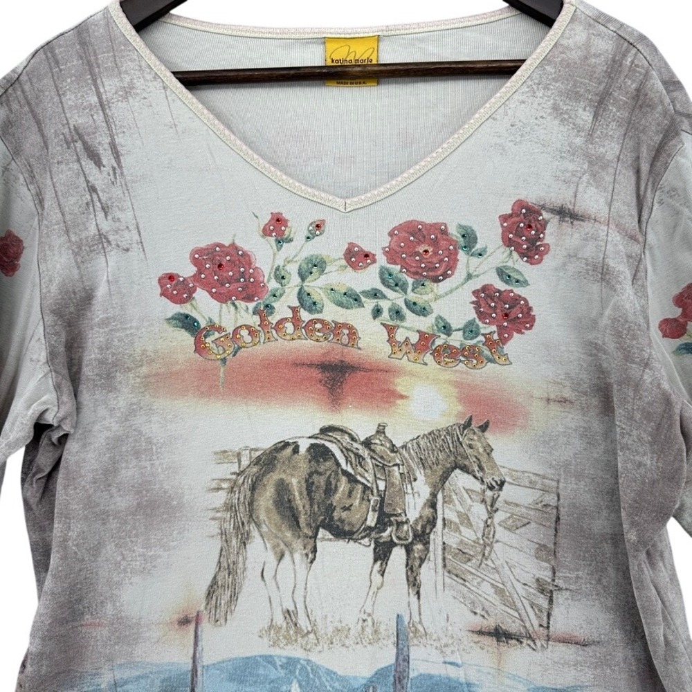 VTG Katina Marie Golden West Horse Western Rhinestone‎ V-Neck Top XL Made in USA